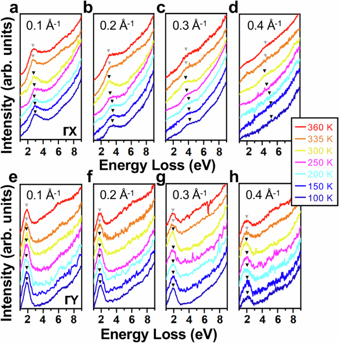 Fig. 3: Plasmon dispersions across the CDW transition at 335 K.