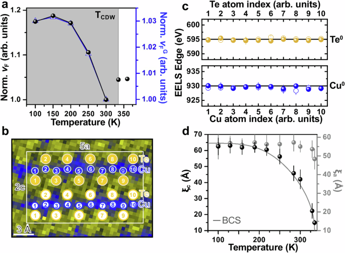 Fig. 5: vF of the light electrons, STEM-EELS of the CDW at 300 K, and CDW coherence lengths.