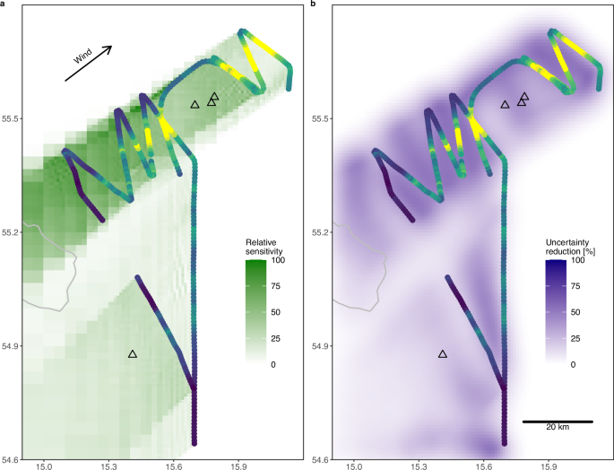 Fig. 2: Spatial distributions of the sensitivity of the observations to surface fluxes (footprints) and reduction of random uncertainty.