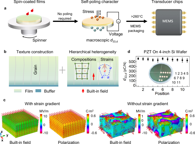 Fig. 1: Self-poling and outstanding macroscopic piezoelectric performance in spin-coated Pb(Zr,Ti)O3 (PZT) films.