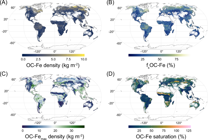 Fig. 3: Modelled global patterns of soil OC-Fe density at soil depths ranging from 0 to 30 cm.