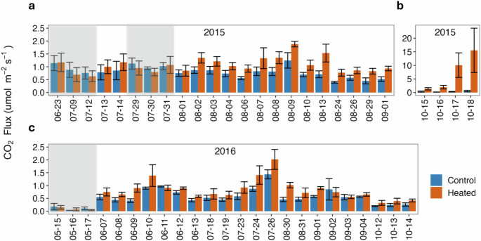 Fig. 2: Ecosystem respiration in heated and control treatments.