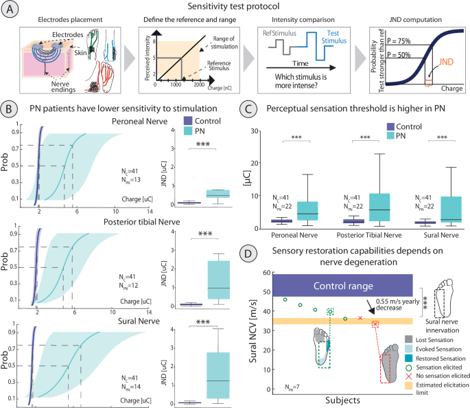 Fig. 3: Characterising sensitivity to stimulation and charge threshold tests for neuropathic nerves vs healthy controls.