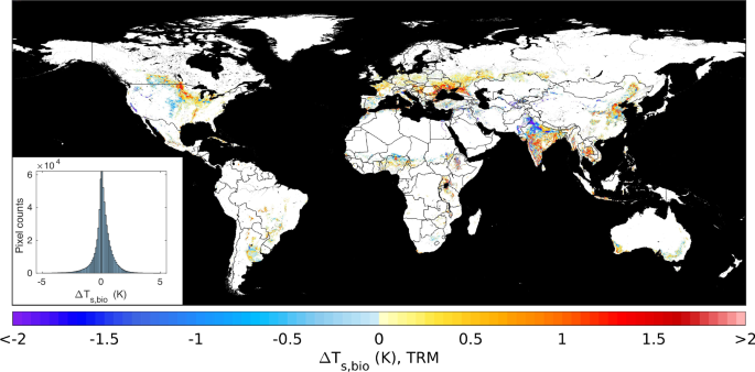 Fig. 1: Global pattern of cropland-induced biophysical contribution on annual daily mean land surface temperature change (ΔTs,bio) averaged from 2001 to 2023.