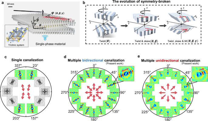 Fig. 1: Symmetry-broken bilayer moiré system with multiple unidirectional canalization.