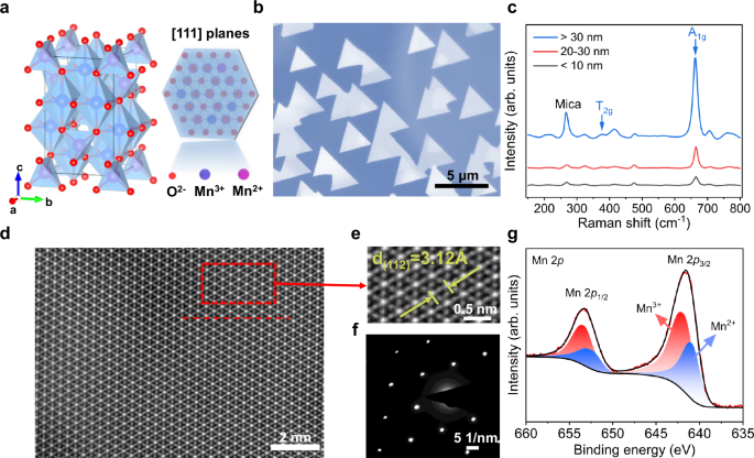 Fig. 1: Structure and characterization of array-grown ultrathin Mn3O4 single crystals.