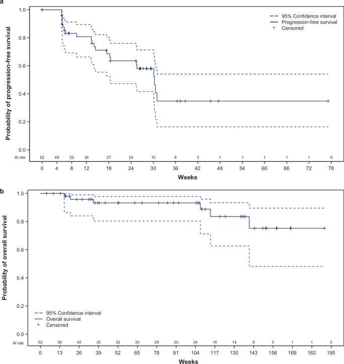 Fig. 3: Kaplan–Meier estimates for (a) PFS and (b) OS for patients treated with naxitamab plus GM-CSF in Trial 201 at data cutoff (December 31, 2021). Efficacy population, n = 52.