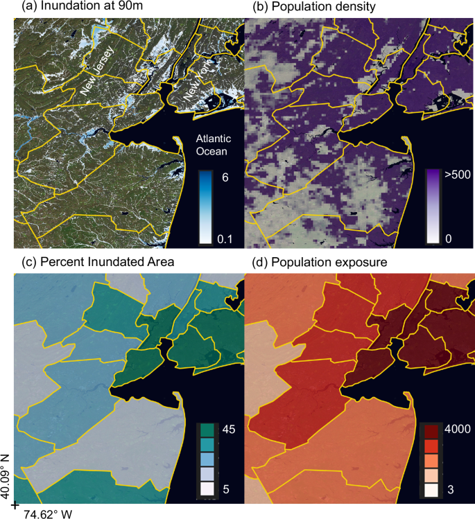 Fig. 1: Example inundation and population exposure results in New York City and surrounding area.