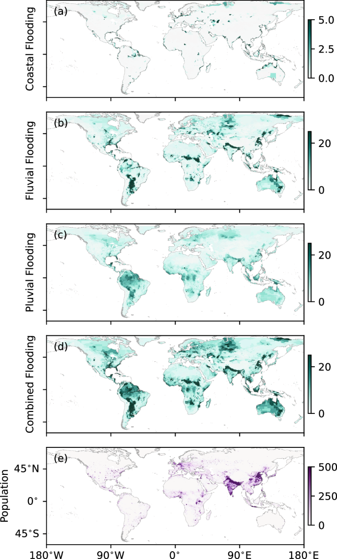 Fig. 3: Present-day flood inundation and population globally, shown at political boundary aggregate.