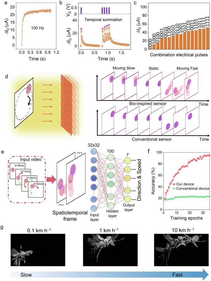 Fig. 7: Motion detection with organic optoelectrochemical synapse.