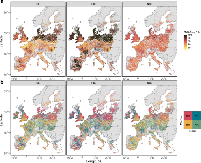 Fig. 6: Geographical representation of mineral-associated organic carbon (MAOC) degree of saturation (MAOCsat) and the soil organic carbon (SOC) risk index.