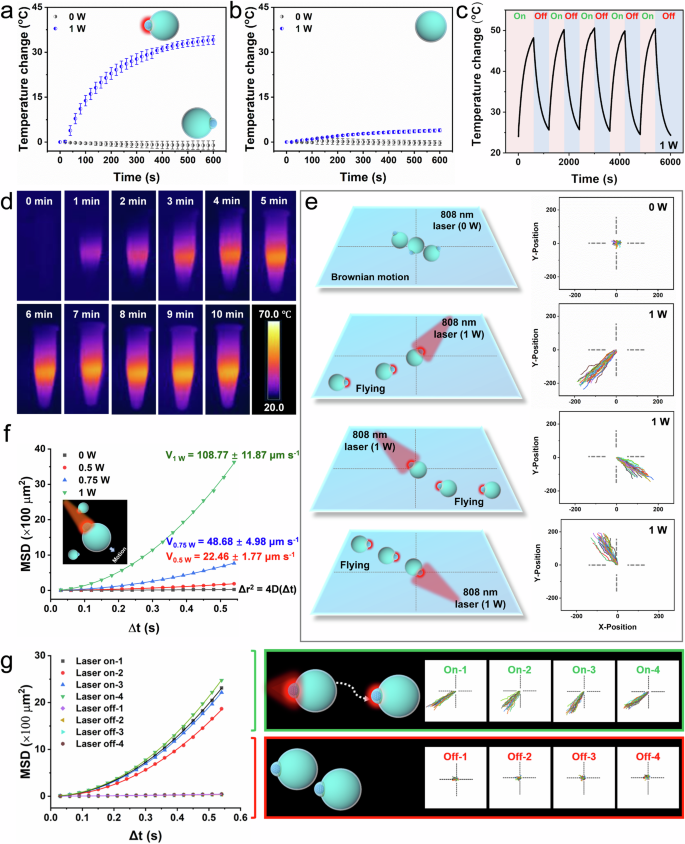 Fig. 6: Photothermal performance and motile behavior of PTM-AIEsomes.