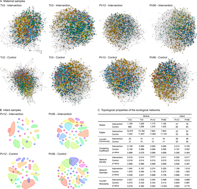 Fig. 4: Co-occurrence network analysis of maternal and infant microbiomes across time points by groups.