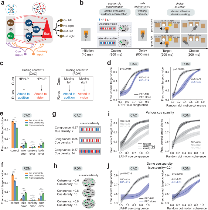 Fig. 1: The task-optimized PFC-MD model in decision making with parameterized cue uncertainty.