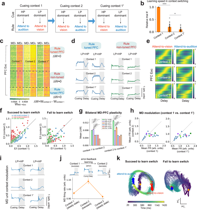 Fig. 7: Thalamocortical plasticity in the PFC-MD model enabled rapid context switching.