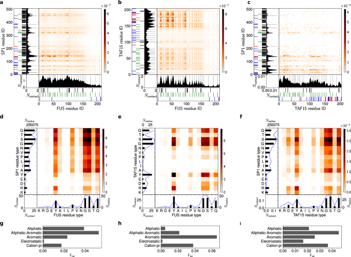 Fig. 5: Intermolecular contact maps for heterotypic interactions in two-component droplets.