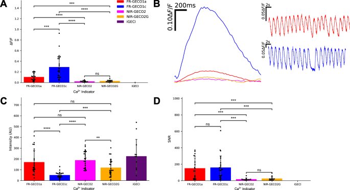 Fig. 3: Comparison between FR-GECO1 and near-infrared GECIs in the hearts of embryonic zebrafish in vivo20–22.