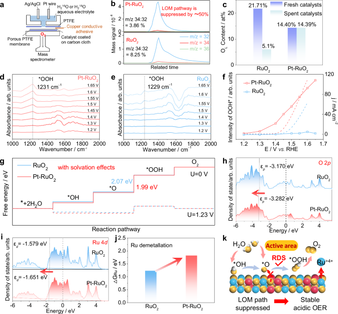Fig. 5: OER mechanism analysis of Pt-RuO2 and RuO2.