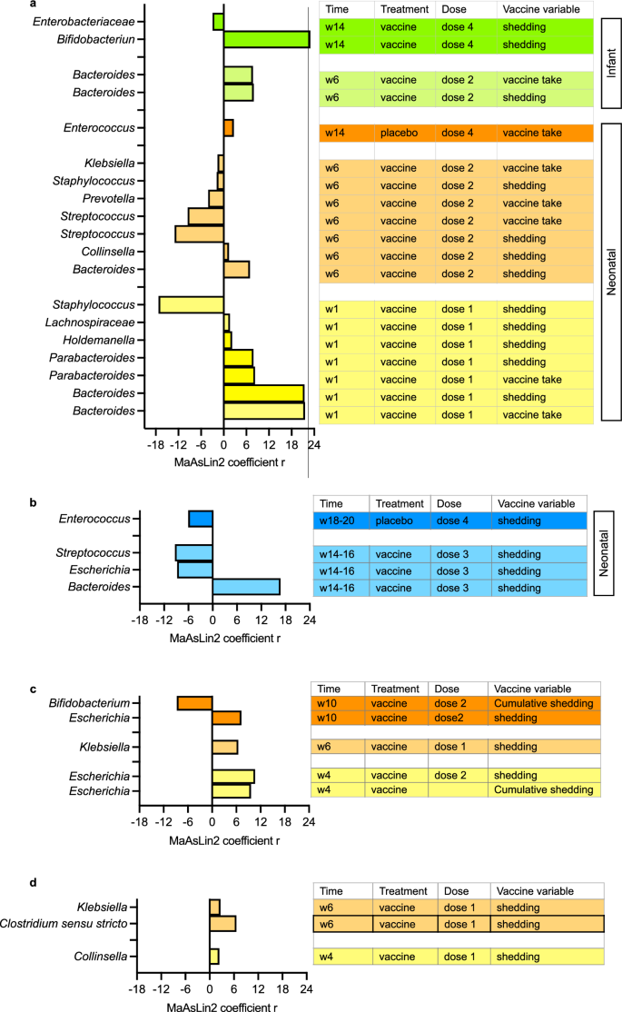 Fig. 7: Most abundant bacterial taxa significantly associated with the RV3-BB vaccine outcome (Malawi and Indonesia) and Rotarix vaccine outcome (Malawi and India).