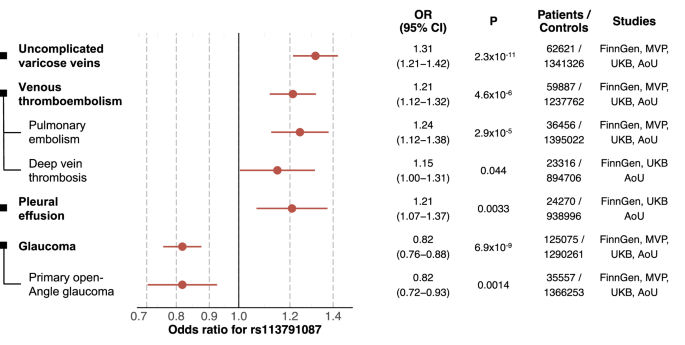 Fig. 5: Cross-study meta-analyses of other diseases most significantly associated with the PTPRB missense variant rs113791087.