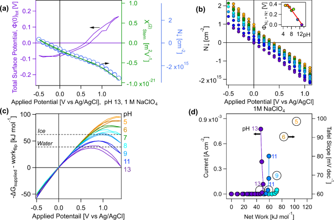 Fig. 2: From amplitude and phase to number of net-aligned water molecules, total potential, and work to flip water.