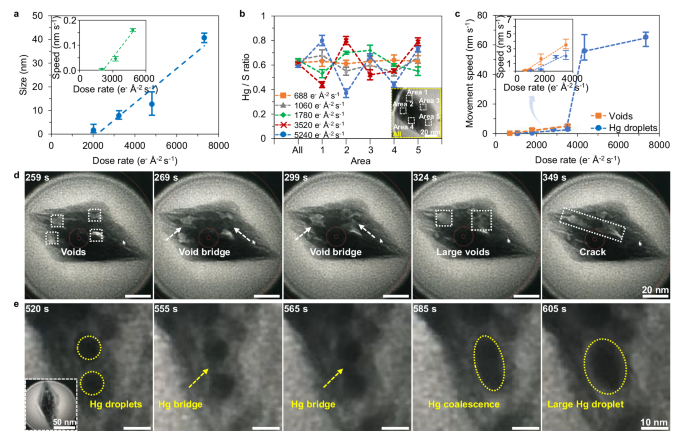 Fig. 3: Analyses of the behaviors from the voids and Hg nanodroplets.