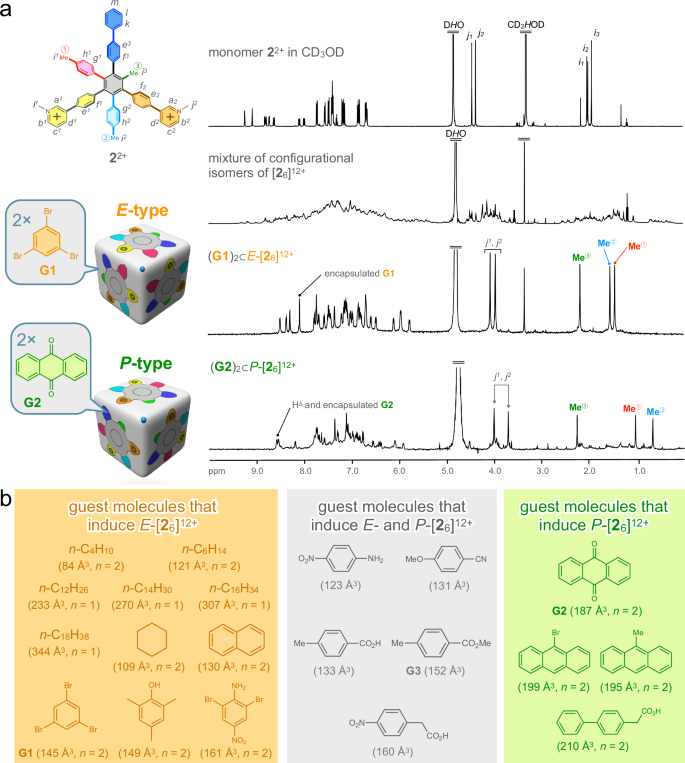 Fig. 3: Selection of two types of configurational isomers of the nanocubes by guest molecules.