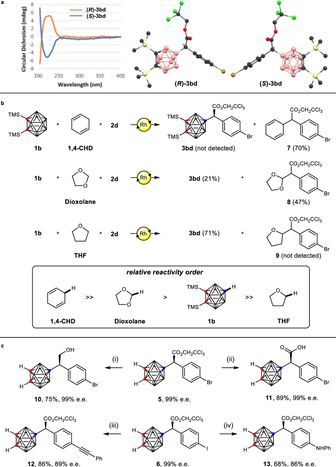 Fig. 3: Circular dichroism spectra, reactivity comparison, and synthetic applications.