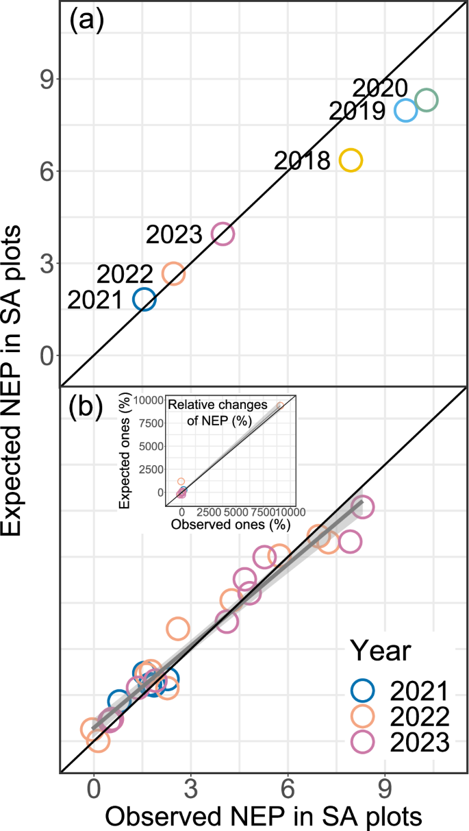 Fig. 4: The linear correlations between expected and observed net ecosystem productivity (NEP) under the combined spring and autumn frosts.