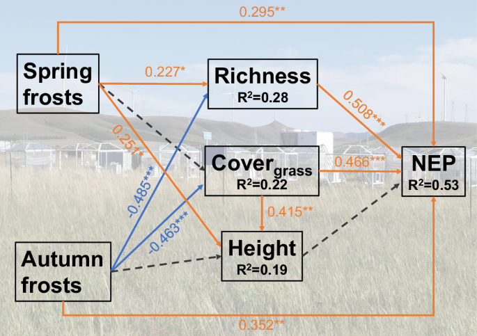 Fig. 5: Piecewise structural equation model (SEM) showing how plant community indirectly affect net ecosystem production (NEP) during non-treatment period.