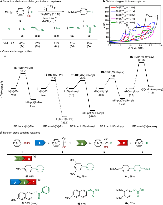 Fig. 5: Investigation for the reductive elimination of diorganoiridium complexes and elementary steps-cascaded cross-coupling reaction.
