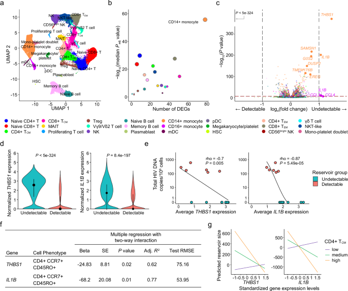Fig. 2: Differentially expressed genes in monocytes associated with HIV reservoir size during ART.