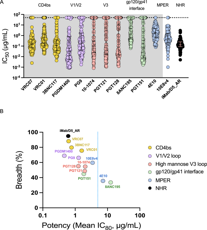 Fig. 3: NHR-targeting antibody exhibits potent and broad neutralization against HIV-1 through bispecific antibody-mediated prepositioning.