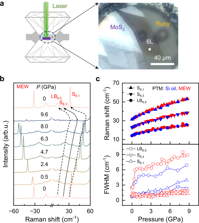 Fig. 2: Low-frequency LB and S modes of 6L-MoS2 under high pressure applied by a DAC.
