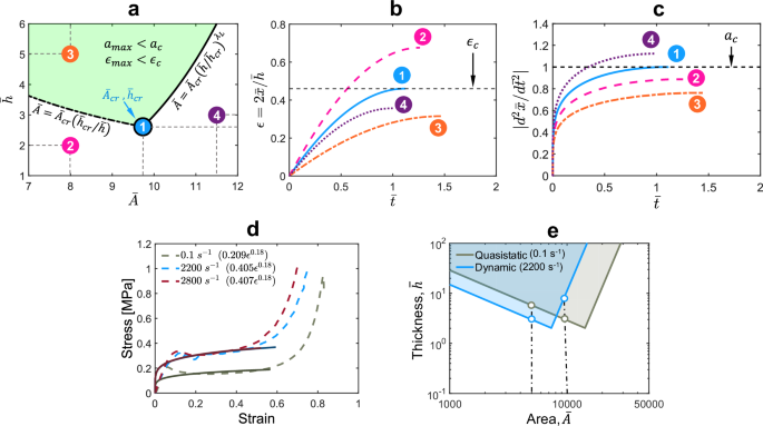 Fig. 3: Geometric design of energy absorber and effect of strain-rate dependence.