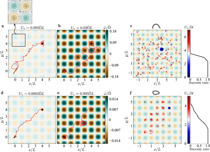 Fig. 5: Chemotactic navigation in periodic cellular vortices with a vortical velocity Uv.