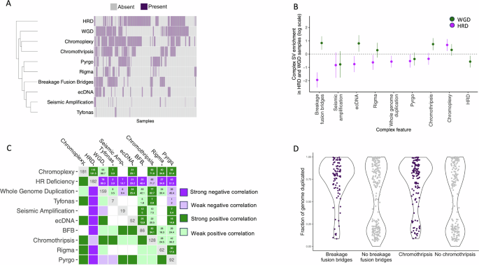 Fig. 4: Patterns of co-occurrence and mutual exclusivity of complex structural variant classes and their relationship with WGD and HRD.