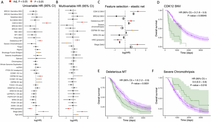 Fig. 6: Multivariable modelling of the impact of genomic features of HGSOC on overall survival adjusted for baseline clinical factors.