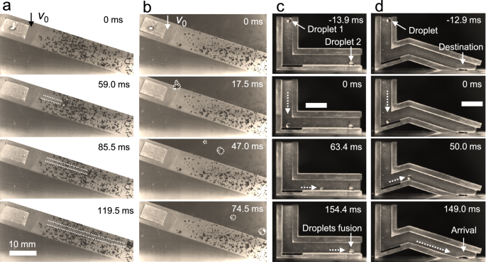 Fig. 5: Applicable examples of the boundary-rolling rebound behavior of droplets in pollutant removal and droplet fluidics.