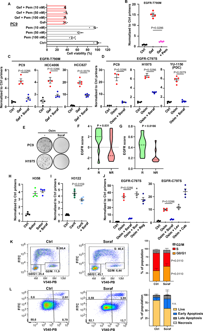 Fig. 1: Sorafenib specifically inhibits the emergence of resistant subpopulations of NSCLC cells induced by EGFR-TKIs.