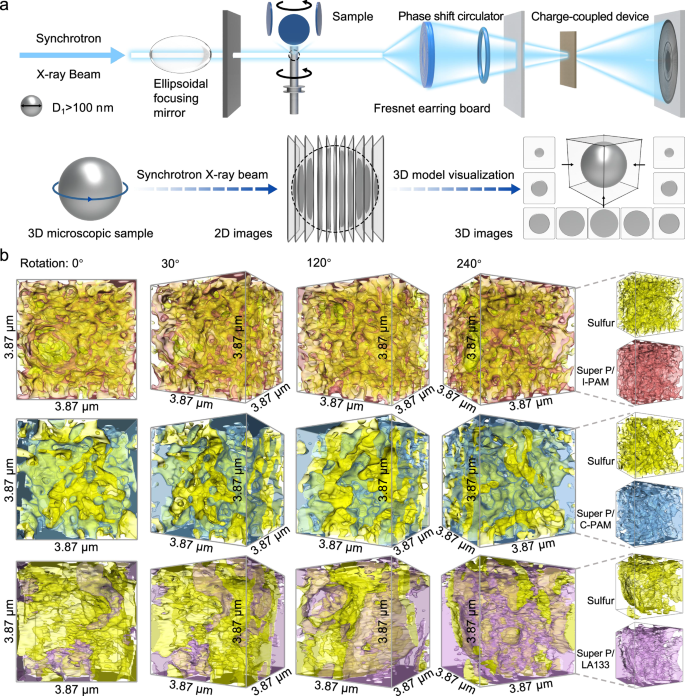 Fig. 3: Synchrotron radiation X-ray 3D nano-CT analysis of binder networks in sulfur electrodes.
