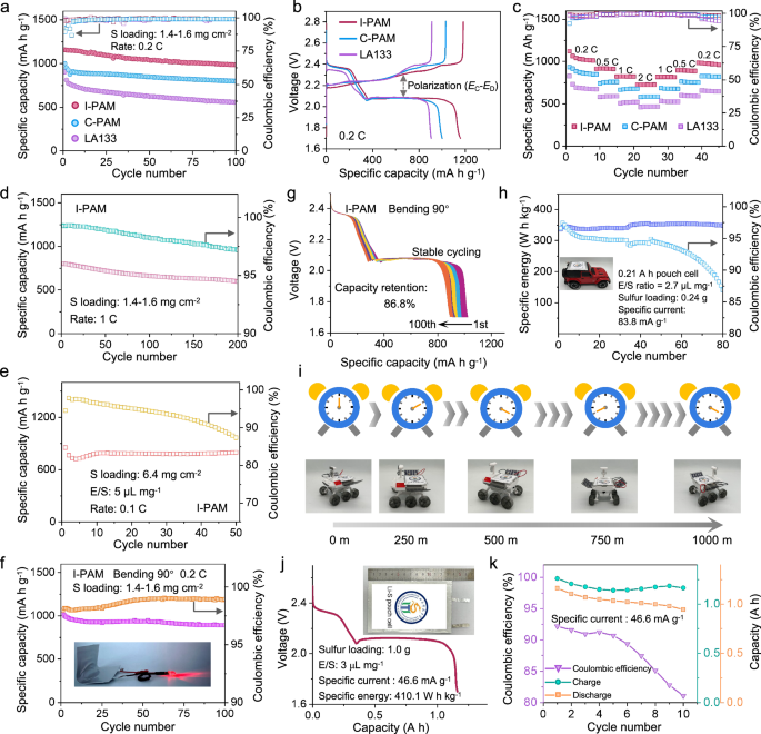 Fig. 6: Electrochemical performance of soft-packaged Li||S pouch cells.