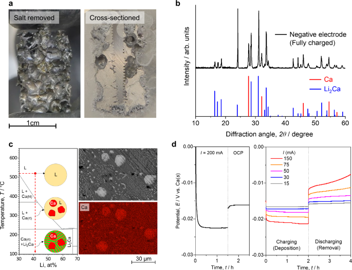Fig. 4: Ex situ characterization and kinetics of the liquid Ca alloy negative electrode.