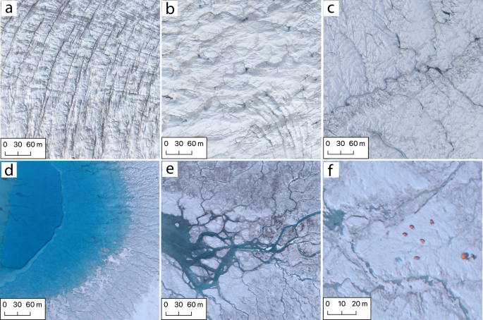 Fig. 4: Examples of meltwater ponding in the Southwest Greenland Ice Sheet ablation zone imaged by drone.
