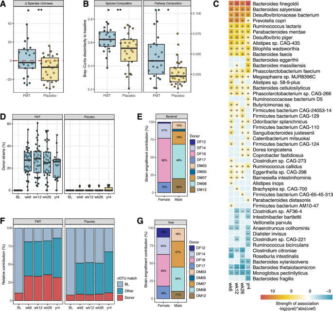 Fig. 3: Long-term gut microbiome dynamics in FMT and placebo recipients.