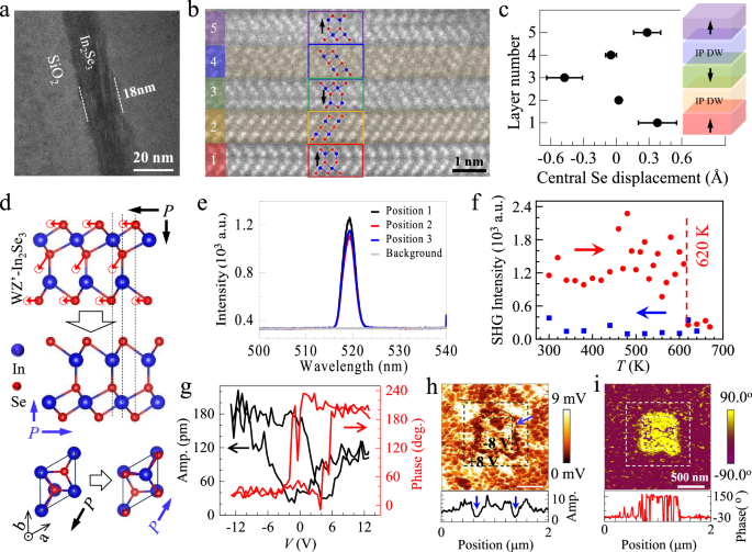 Fig. 2: TEM, SHG, and PFM characterizations of WZ’ type α-In2Se3.
