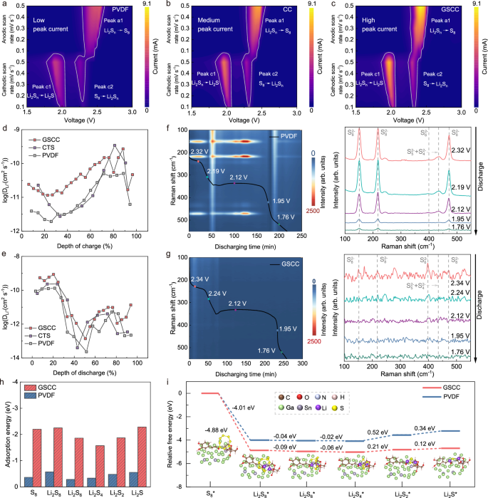 Fig. 2: Electrochemical tests, spectral characterizations and calculation simulations of active sulfur species on different binders.