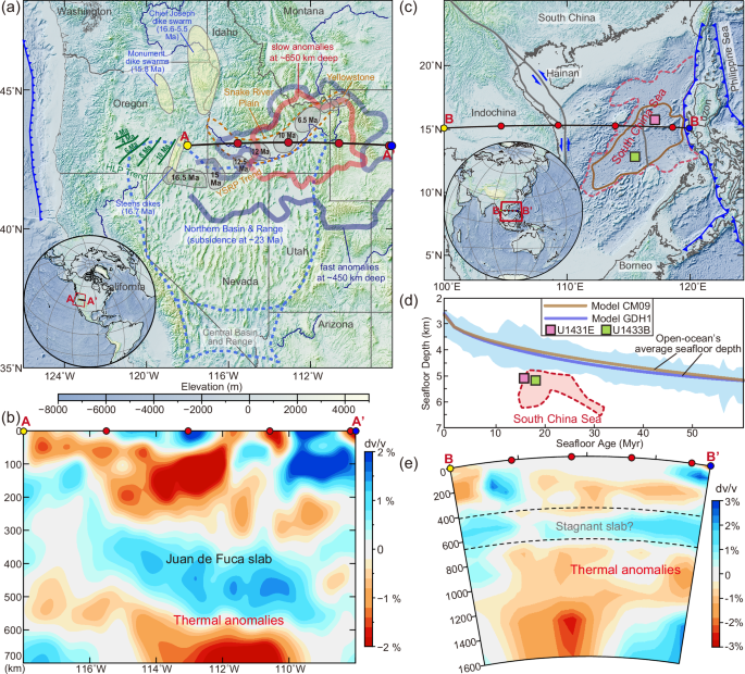 Fig. 2: Localized anomalously low topography above the mantle domains with seismically imaged plume-remnant block interactions.