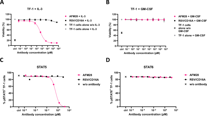 Fig. 5: AFM28 blocks IL-3R signaling inhibiting STAT5 phosphorylation in TF-1.