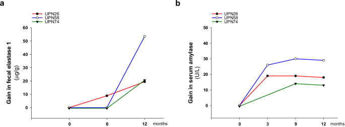 Fig. 4: Ataluren treatment improved the secretion of pancreatic enzymes including fecal elastase-1 and amylase.